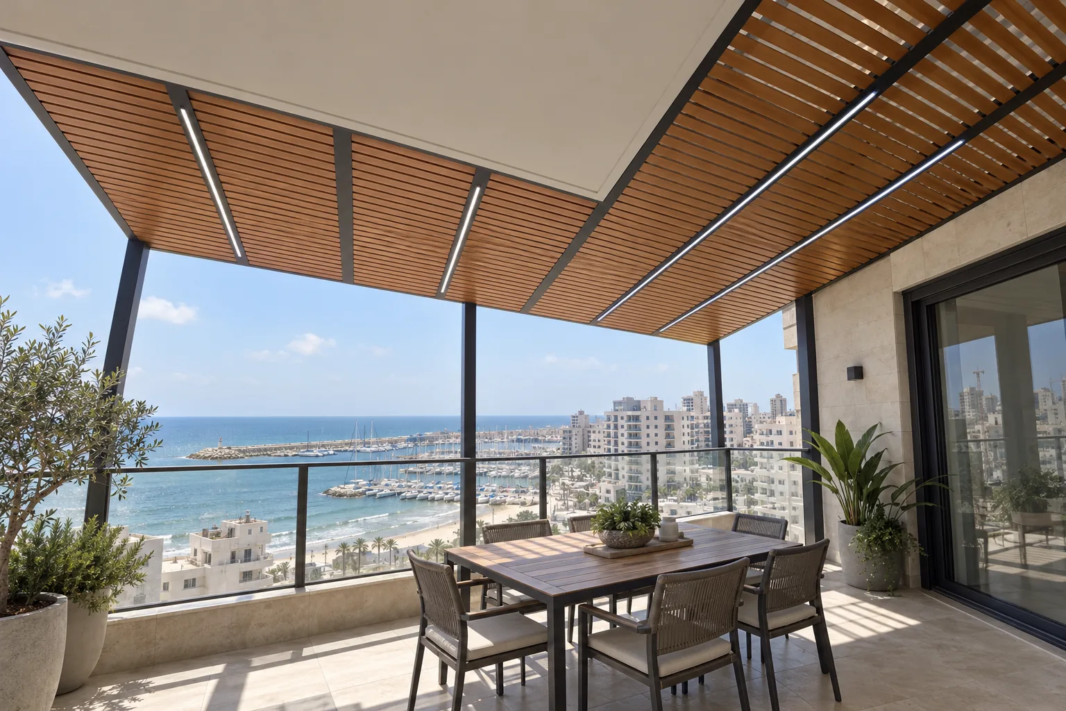 הדמיית AI של פרגולת אלומיניום במרפסת מול הים והמרינה באשדוד