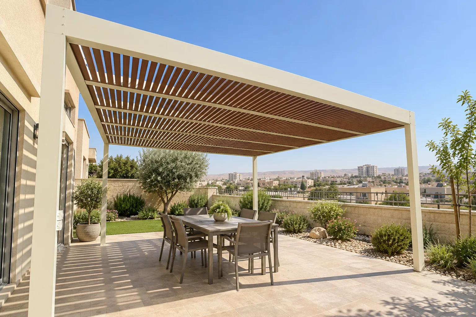 הדמיית AI של פרגולת אלומיניום בגוון עץ בחצר בסגנון באר שבע
