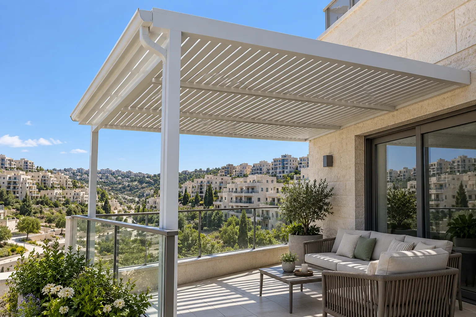 הדמיית AI של פרגולת אלומיניום לבנה במרפסת מול שכונות הגבעות במודיעין